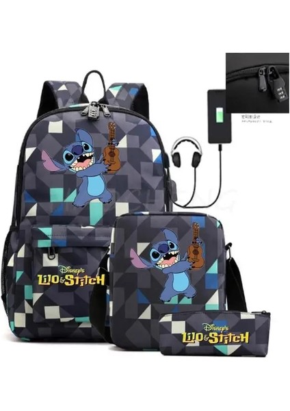 Resim Rengi 17 Inç Lilo ve Stitch Sırt Çantası Hırsızlığa Karşı Kilit Kadın Erkek Seyahat Çantası Sırt Çantaları Genç Kız Erkek Dizüstü Bilgisayar Mochila 3 Adet (Yurt Dışından)
