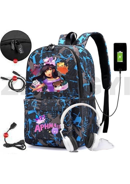 882-CF-H15 Yeni Kız Karikatür Baskı Aphmau USB Şarj Sırt Çantası Anti Hırsızlık Okul Sırt Çantası Üniversite Öğrencileri Dizüstü Kentsel Kanvas Çantalar (Yurt Dışından)
