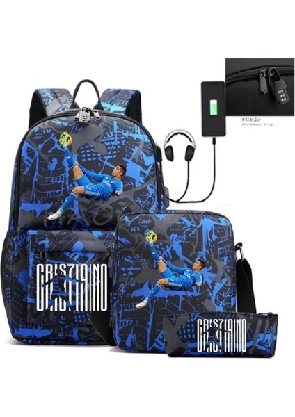 Resim Rengi 16 Inç Sıcak Futbol Cr7 Öğrenci Okul Çantası Erkek Kız Anti-Hırsızlık USB Sırt Çantası Erkek Kadın Laptop Sırt Çantası Mochila Escolar 3 Adet/takım (Yurt Dışından)