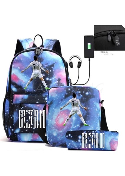 Resim Rengi 16 Inç Sıcak Futbol Cr7 Öğrenci Okul Çantası Erkek Kız Anti-Hırsızlık USB Sırt Çantası Erkek Kadın Laptop Sırt Çantası Mochila Escolar 3 Adet/takım (Yurt Dışından) modelleri
