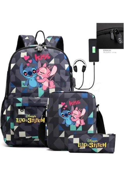 Resim Rengi 17 Inç Lilo ve Stitch Sırt Çantası Hırsızlığa Karşı Kilit Kadın Erkek Seyahat Çantası Sırt Çantaları Genç Kız Erkek Dizüstü Bilgisayar Mochila 3 Adet (Yurt Dışından)