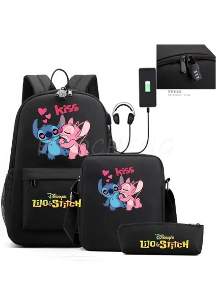 Resim Rengi 17 Inç Lilo ve Stitch Sırt Çantası Hırsızlığa Karşı Kilit Kadın Erkek Seyahat Çantası Sırt Çantaları Genç Kız Erkek Dizüstü Bilgisayar Mochila 3 Adet (Yurt Dışından) fiyatları