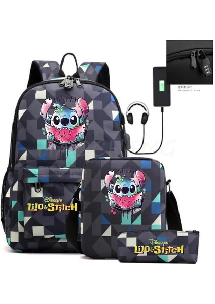 Resim Rengi 17 Inç Lilo ve Stitch Sırt Çantası Hırsızlığa Karşı Kilit Kadın Erkek Seyahat Çantası Sırt Çantaları Genç Kız Erkek Dizüstü Bilgisayar Mochila 3 Adet (Yurt Dışından) modelleri