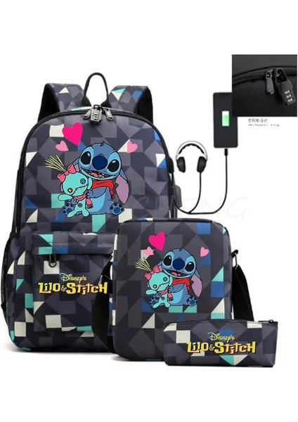 Resim Rengi 17 Inç Lilo ve Stitch Sırt Çantası Hırsızlığa Karşı Kilit Kadın Erkek Seyahat Çantası Sırt Çantaları Genç Kız Erkek Dizüstü Bilgisayar Mochila 3 Adet (Yurt Dışından) fırsatları