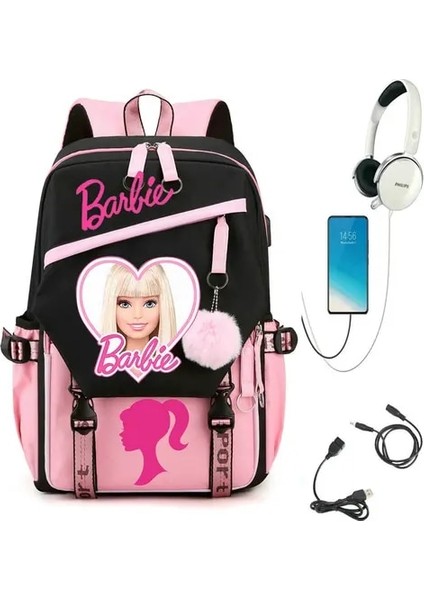 Resim Renk Barbie Film Öğrenci Okul Sırt Çantası USB Şarj Okul Çantası Genç Kız Erkek Anti-Hırsızlık Çocuk Sırt Çantası (Yurt Dışından)