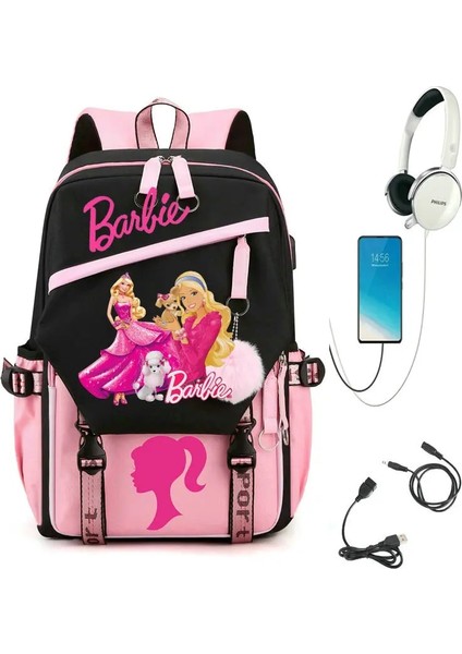 Resim Renk Barbie Film Öğrenci Okul Sırt Çantası USB Şarj Okul Çantası Genç Kız Erkek Anti-Hırsızlık Çocuk Sırt Çantası (Yurt Dışından)