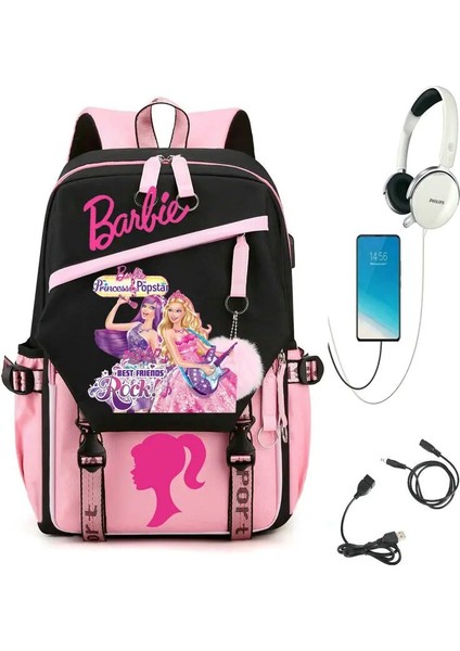 Resim Renk Barbie Film Öğrenci Okul Sırt Çantası USB Şarj Okul Çantası Genç Kız Erkek Anti-Hırsızlık Çocuk Sırt Çantası (Yurt Dışından)