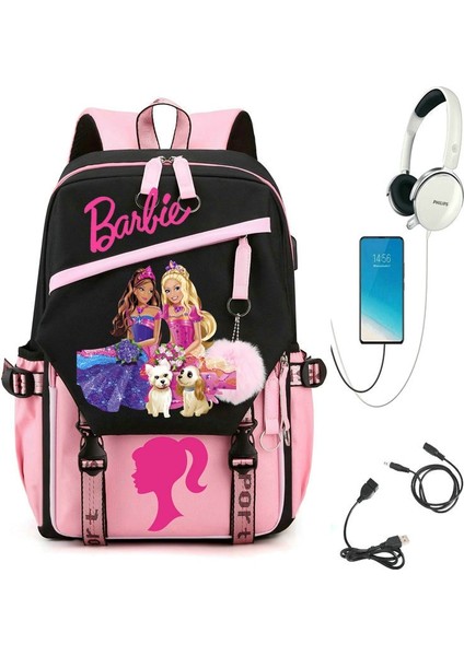 Resim Renk Barbie Film Öğrenci Okul Sırt Çantası USB Şarj Okul Çantası Genç Kız Erkek Anti-Hırsızlık Çocuk Sırt Çantası (Yurt Dışından)