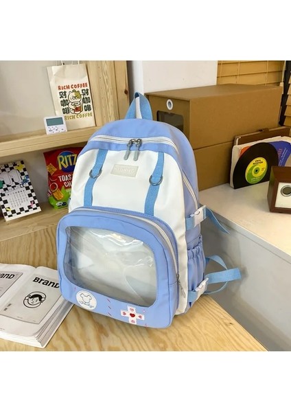 Mavi Beyaz Çanta Sadece 42X32X12CM Dikiş Rengi Şeffaf Ön Cep Sırt Çantası Su Geçirmez Yan Ayarlanabilir Anti-Hırsızlık Tokası Okul Çantası Sevimli Karikatür Ağrı Çantası (Yurt Dışından)