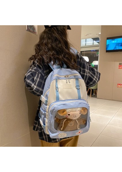 Mavi Beyaz Çanta Sadece 42X32X12CM Dikiş Rengi Şeffaf Ön Cep Sırt Çantası Su Geçirmez Yan Ayarlanabilir Anti-Hırsızlık Tokası Okul Çantası Sevimli Karikatür Ağrı Çantası (Yurt Dışından) fırsatları