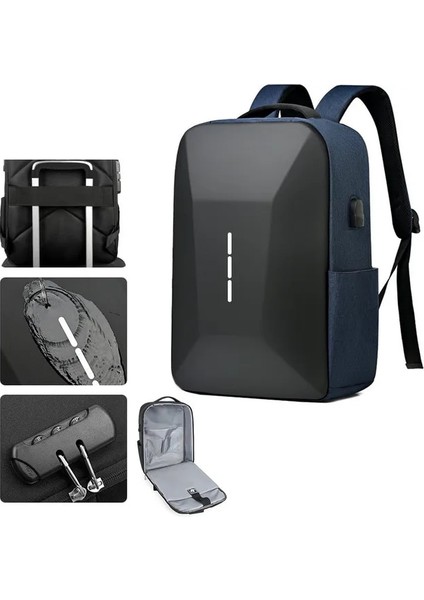 Blue2 Hardshell Büyük Kapasiteli Erkek Sırt Çantası Rahat Hafif Şifre Kilidi Su Geçirmez Seyahat Çantası 15.6 Inç Anti-Hırsızlık Laptop Çantası (Yurt Dışından)