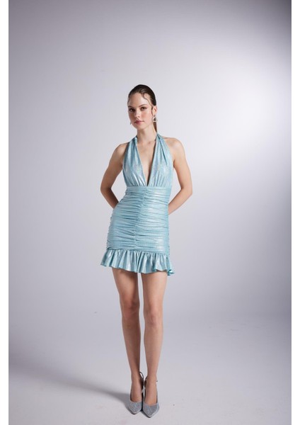 Parlak Kumaşlı Büzgülü Mini Starry Elbise Mavi