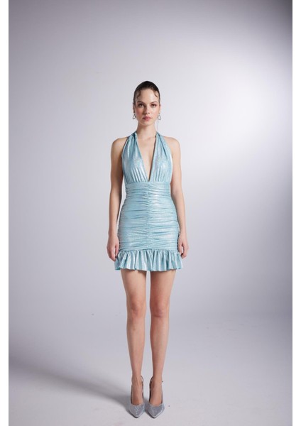 Parlak Kumaşlı Büzgülü Mini Starry Elbise Mavi fiyatları