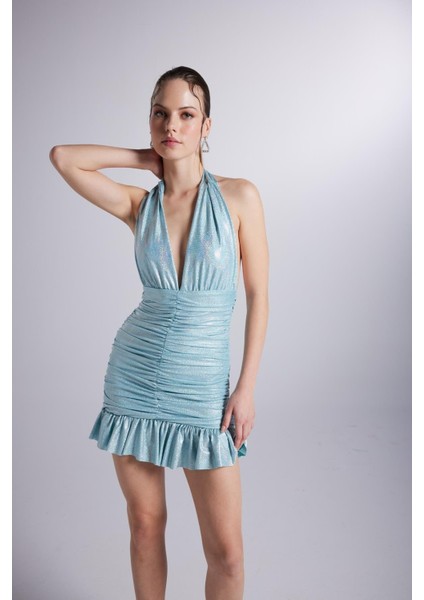 Parlak Kumaşlı Büzgülü Mini Starry Elbise Mavi modelleri