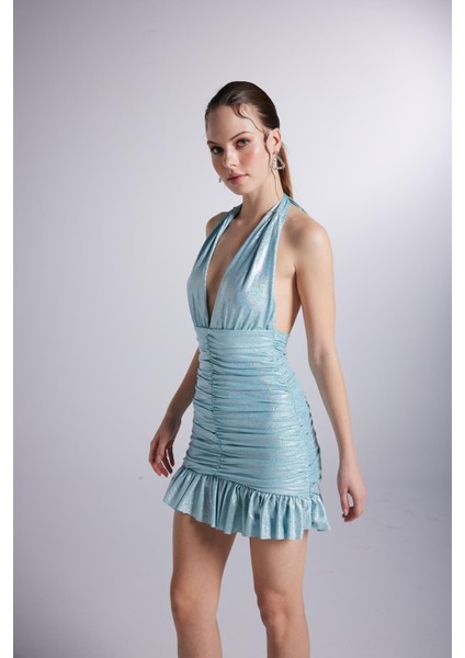 Parlak Kumaşlı Büzgülü Mini Starry Elbise Mavi