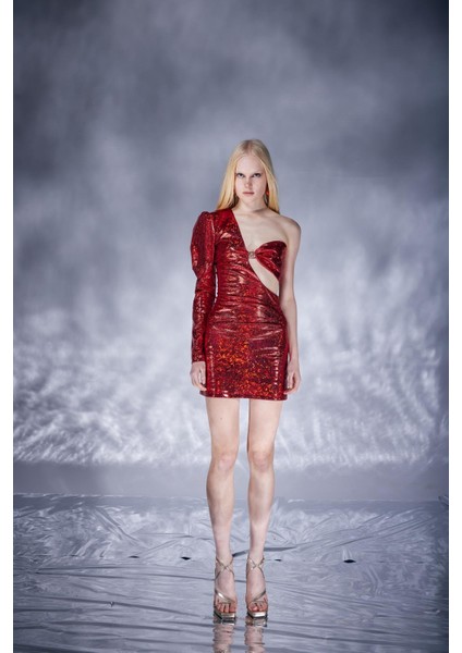 Tek Omuzlu Parlak Kumaş Mini Anabelle Elbise Kırmızı