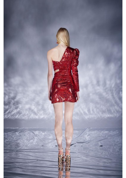 Tek Omuzlu Parlak Kumaş Mini Anabelle Elbise Kırmızı