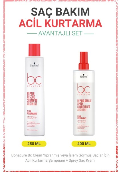 Schwarzkopf Bonacure Bc Clean Acil Kurtarma Şampuanı + Sprey Saç Kremi - Yıpranmış Veya Işlem Görmüş Saçlar Için