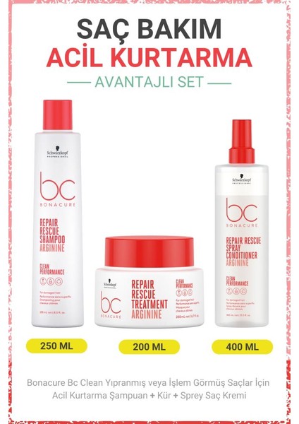 Schwarzkopf Bonacure Bc Clean Acil Kurtarma Şampuanı + Kür + Sprey Saç Kremi - Yıpranmış Veya Işlem Görmüş Saçlar Için