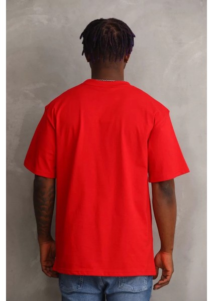 Unisex Baskılı Oversize T-Shirt - Kırmızı fiyatları
