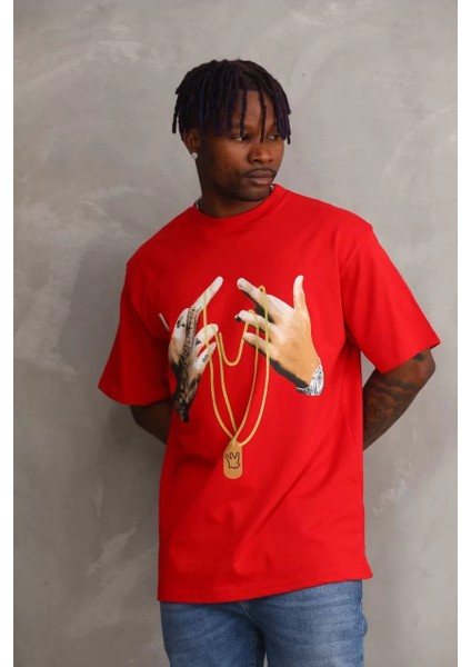 Unisex Baskılı Oversize T-Shirt - Kırmızı modelleri