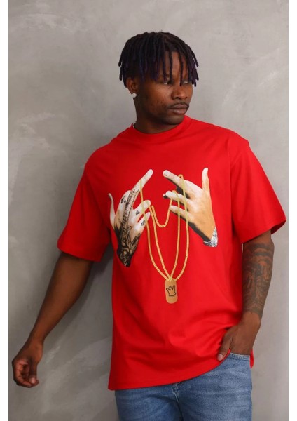Unisex Baskılı Oversize T-Shirt - Kırmızı indirimleri