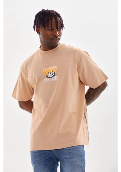 Unisex Baskılı Oversize T-Shirt - Bej