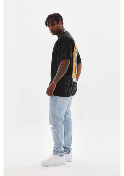 Unisex Baskılı Oversize T-Shirt - Siyah modelleri