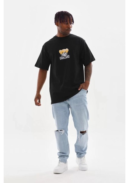 Unisex Baskılı Oversize T-Shirt - Siyah indirimleri