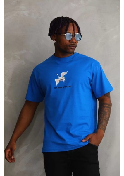 Unisex Baskılı Oversize T-Shirt - Mavi