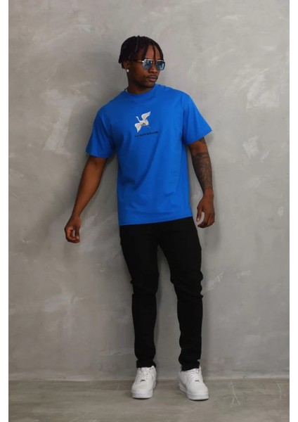 Unisex Baskılı Oversize T-Shirt - Mavi