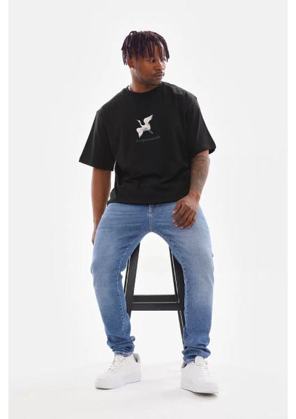 Unisex Baskılı Oversize T-Shirt - Siyah modelleri