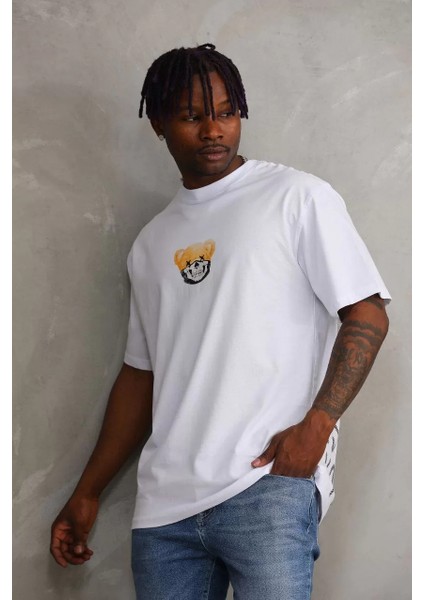 Unisex Baskılı Oversize T-Shirt - Beyaz indirimleri