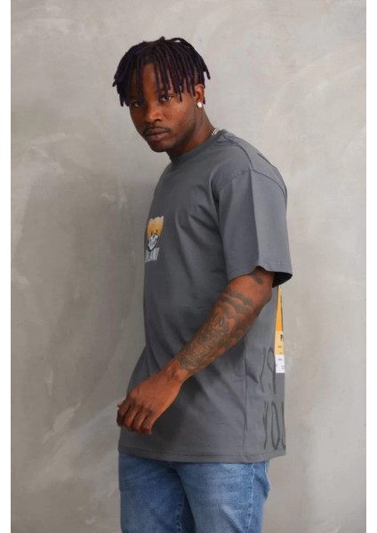 Unisex Baskılı Oversize T-Shirt - Füme indirimleri