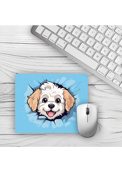 Mavi Fonlu Şirin Köpek Tasarımlı Baskılı Kaydırmaz Taban 18X22 cm Mouse Pad