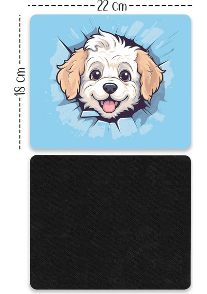 Mavi Fonlu Şirin Köpek Tasarımlı Baskılı Kaydırmaz Taban 18X22 cm Mouse Pad