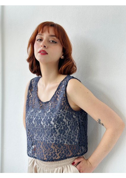 Crop Dantel Basic Atlet Bluz Kadın Lacivert
