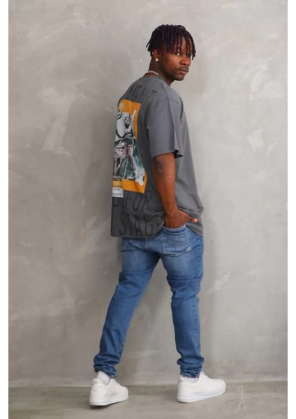 Unisex Baskılı Oversize T-Shirt - Füme fırsatları