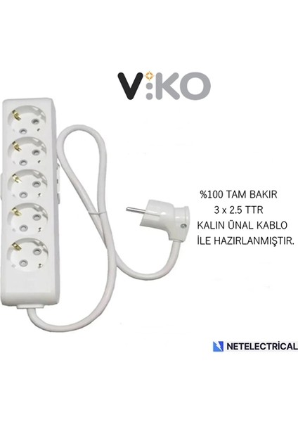 Multi-Let 5'li 5 Metre Topraklı Çocuk Korumalı Grup Priz (3x2.5 Ttr Tam Bakır Kalın Kablolu)