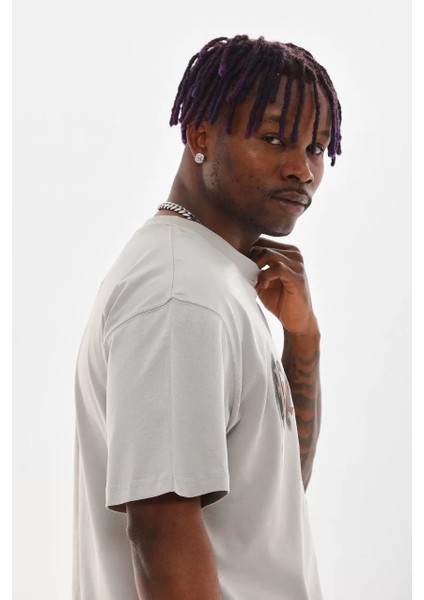 Unisex Baskılı Oversize T-Shirt - Gri indirimleri