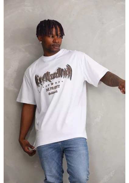 Unisex Baskılı Oversize T-Shirt - Beyaz