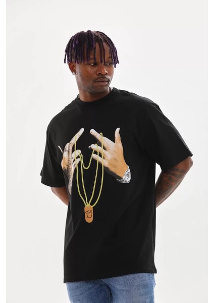 Unisex Baskılı Oversize T-Shirt - Siyah indirimleri