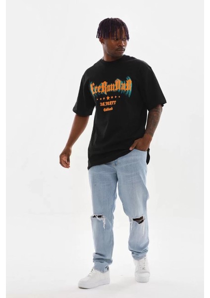 Unisex Baskılı Oversize T-Shirt - Siyah fırsatları