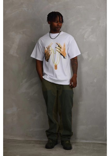 Unisex Baskılı Oversize T-Shirt - Beyaz modelleri