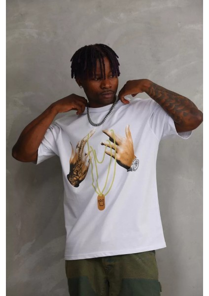 Unisex Baskılı Oversize T-Shirt - Beyaz fırsatları