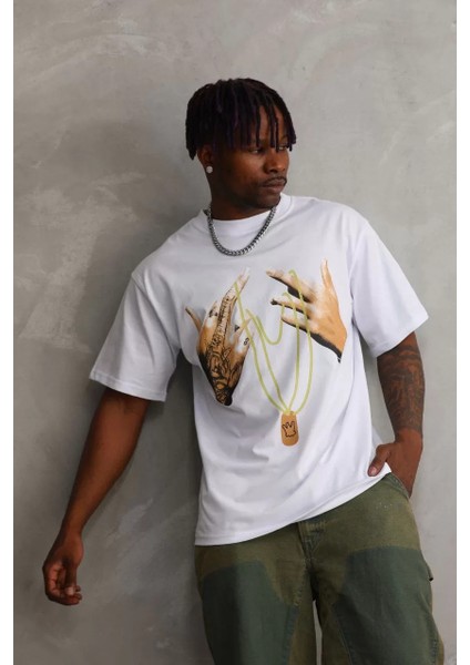 Unisex Baskılı Oversize T-Shirt - Beyaz indirimleri