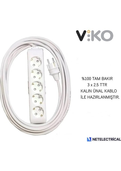 Multi-Let 5'li 12 Metre Topraklı Çocuk Korumalı Grup Priz (3x2.5 Ttr Tam Bakır Kalın Kablolu)
