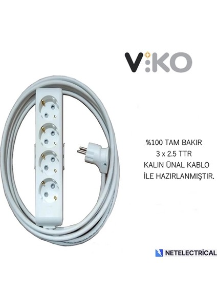 Multi-Let 4'lü 7 Metre Topraklı Çocuk K. Grup Priz (3x2.5 Ttr Tam Bakır Kalın Kablolu)