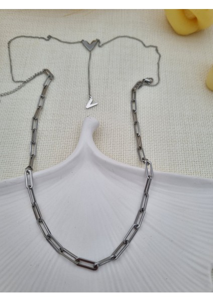 Uzun Zincir Tiffany Silver Renk Çelik Kolye