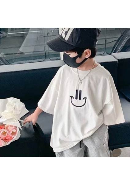 Özel Tasarım Bisiklet Yaka Mutlu Gülücük Dijital Baskılı %100 Pamuk Oversize Erkek Çocuk T-Shırt
